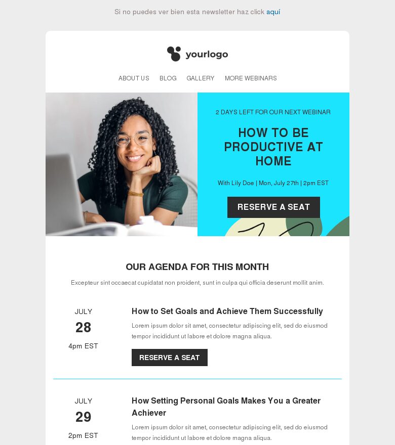 Plantilla email marketing Próximo webinar en 2 días