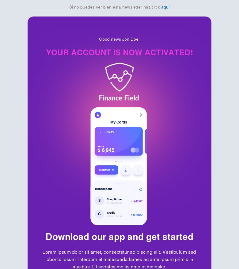 Plantilla email marketing Activación de cuenta en morado