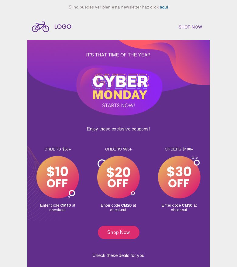 Plantilla email marketing El Cyber Monday empieza ahora
