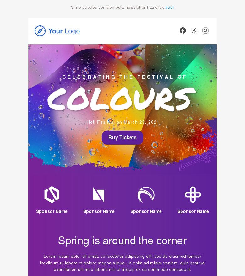 Plantilla email marketing Ya está aquí el festival Holi