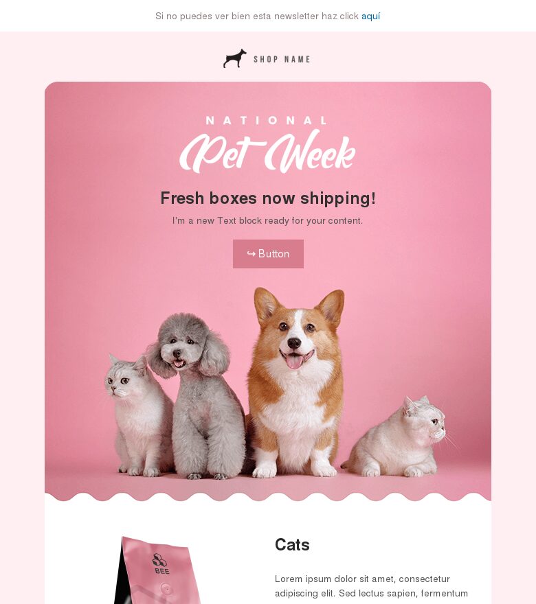 Plantilla email marketing Tienda de mascotas en rosa