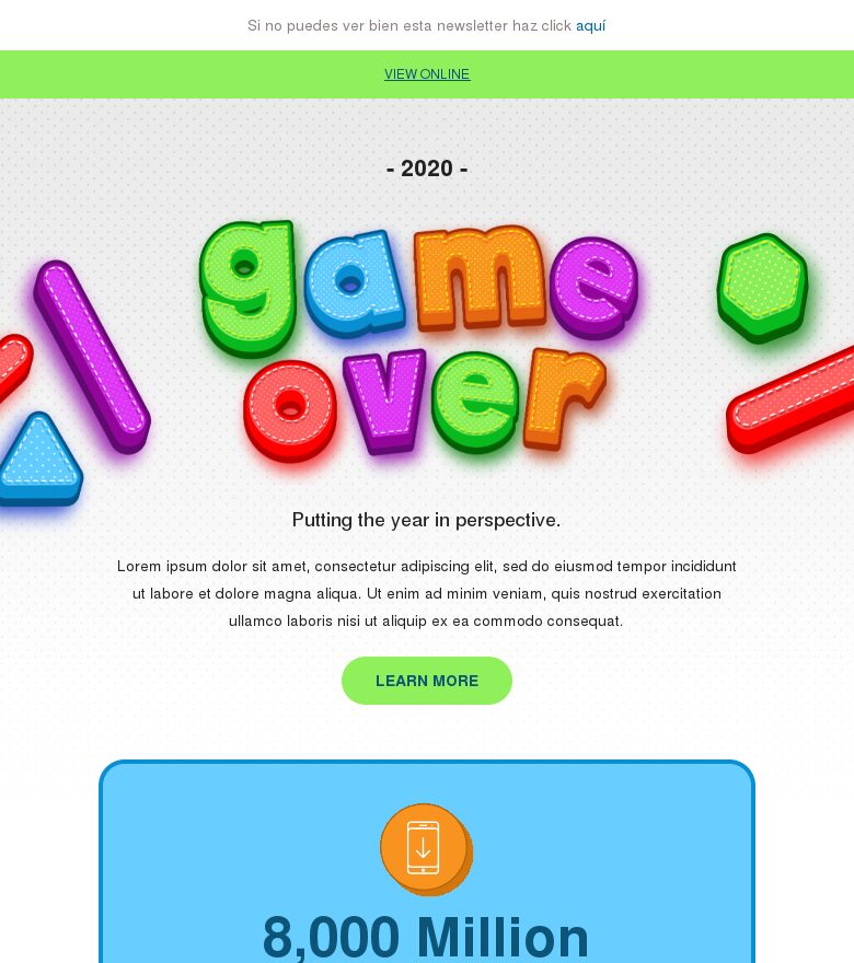Plantilla email marketing Resumen anual game over 2020