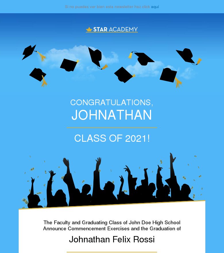 Plantilla email marketing Anuncio de graduación