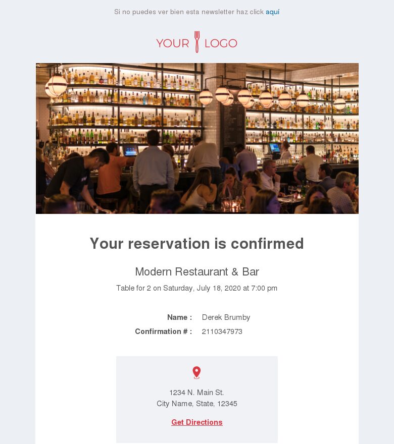 Plantilla email marketing Confirmación de reserva de restaurante