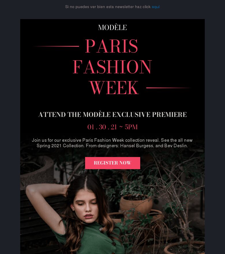 Template email marketing Evento en directo de la semana de la moda de París