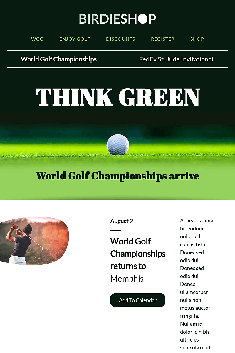 Template di landing page World golf championship 2021