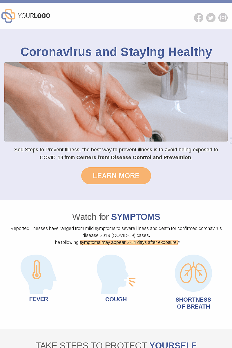 Template di landing page Coronavirus and staying healthy